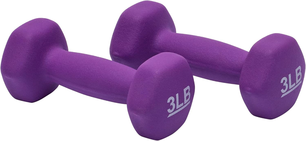 Amazon Basics purple neoprene coated 3 lb dumbbell hand weights pair with printed weight markings