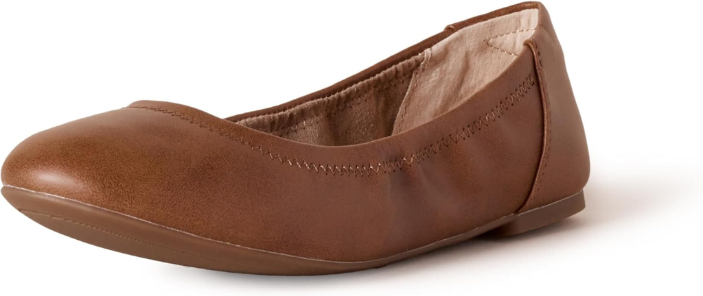 Amazon Essentials saddle brown leather-look women's Belice ballet flat with rounded toe and elasticized topline