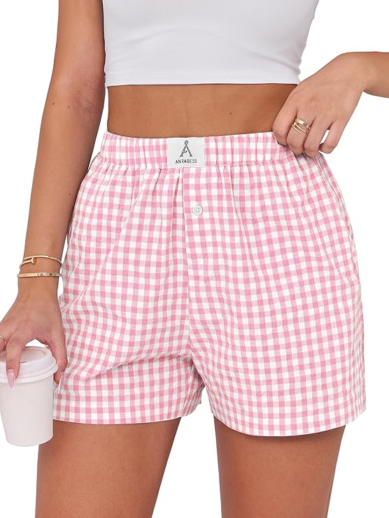 ANRABESS Women's pink and white gingham plaid cotton boxer lounge shorts with elastic waistband