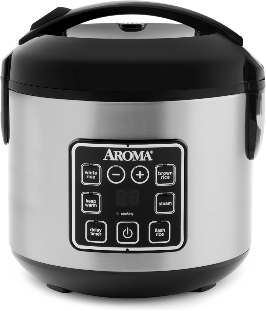 Aroma Housewares stainless steel cool-touch 8-cup digital rice cooker and food steamer with front control panel
