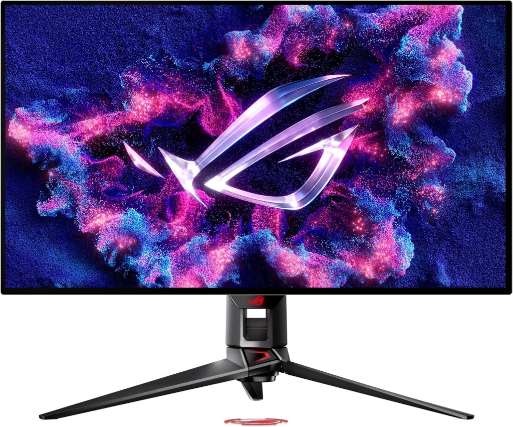 ASUS ROG Swift PG32UCDP 32-inch 4K 240Hz and FHD 480Hz dual mode WOLED gaming monitor on tripod stand