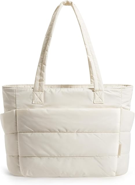 BAGSMART cream white quilted lightweight puffer tote bag with padded shoulder handles