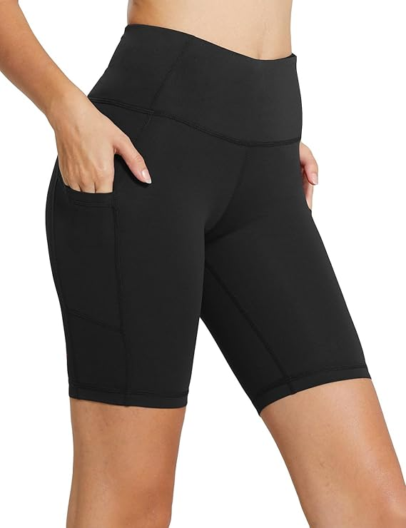BALEAF black women's 8-inch high-waisted workout biker shorts with side pockets and tummy control waistband
