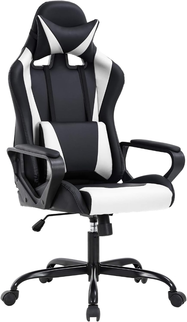 BestOffice black and white high-back executive PC gaming chair with removable headrest and lumbar support pillow