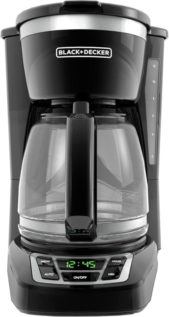 BLACK+DECKER black 12-cup programmable drip coffeemaker with digital clock display and glass carafe