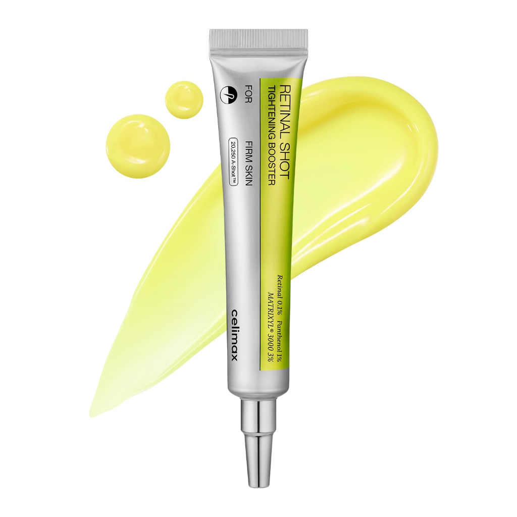 celimax Retinal Shot Tightening Booster silver tube with bright yellow retinal serum swatch
