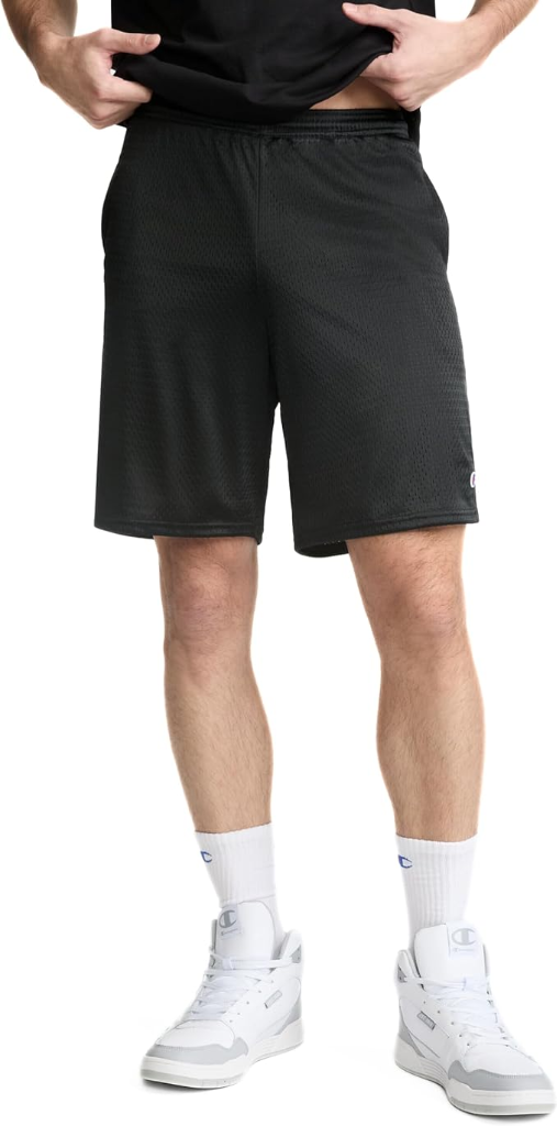 Champion black men's 9-inch breathable mesh athletic workout shorts with side pockets and elastic drawstring waistband