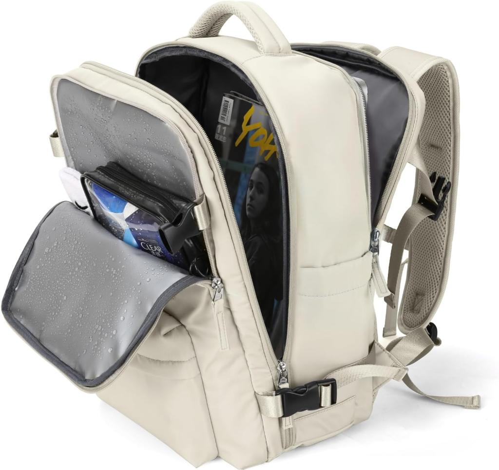 Coofay beige flight-approved carry-on travel backpack for women with separate shoe compartment, wet pocket, and laptop sleeve