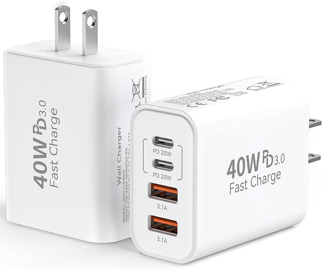 Duloch 40W 4-port wall charger 2-pack with dual 20W USB-C PD and dual USB-A 3.1A ports