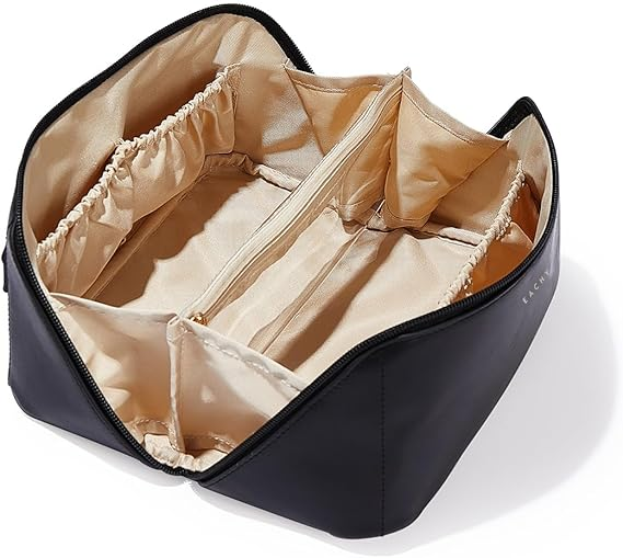 EACHY black waterproof PU leather large capacity travel makeup cosmetic organizer bag wide opening flat layout