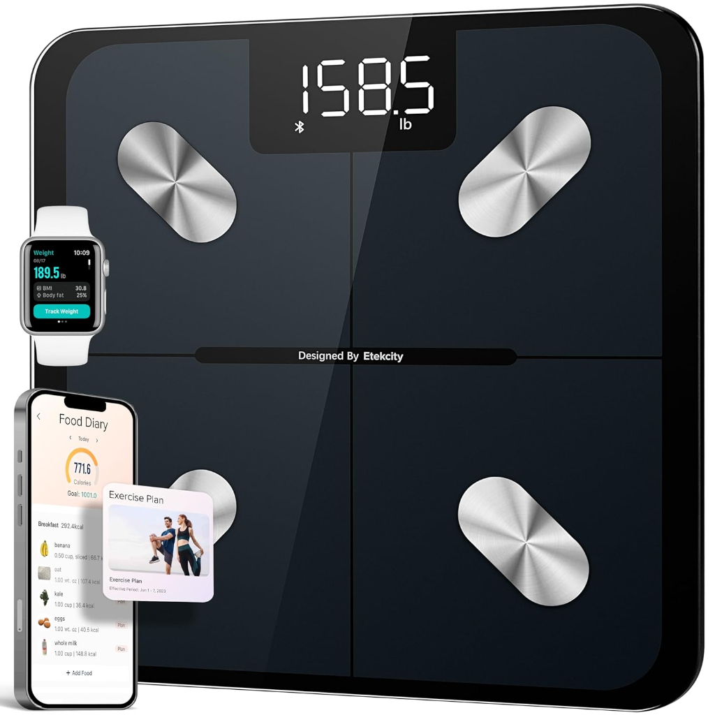 Etekcity black smart Bluetooth digital bathroom scale with LED display, tempered glass surface, and smartphone app sync