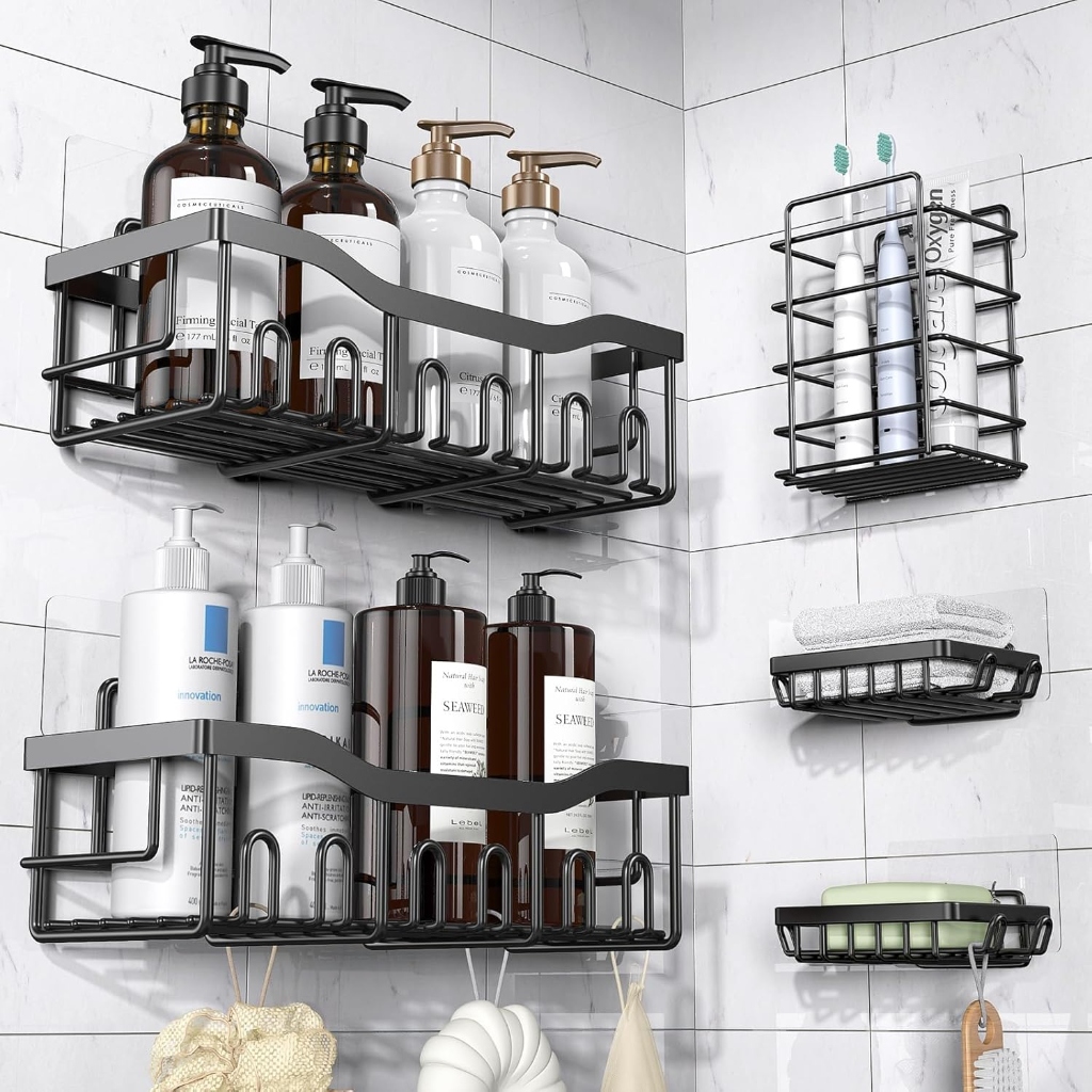 EUDELE 5-pack matte black rustproof stainless steel adhesive shower caddies with soap dishes and toothbrush holder mounted on marble tile wall