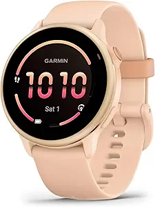 Garmin Venu 3S Dust Rose fitness smartwatch with soft gold stainless steel bezel and bright AMOLED display showing step tracking and health stats