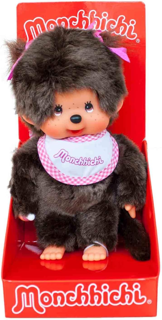 Sekiguchi Monchhichi classic pink girl 8-inch soft brown plush monkey doll with pink ribbons, bib, and pacifier