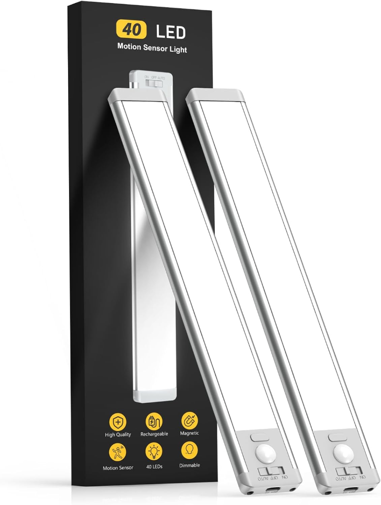 Movemo 2-pack silver aluminum 40 LED rechargeable motion sensor under cabinet bar lights with magnetic mounting strip