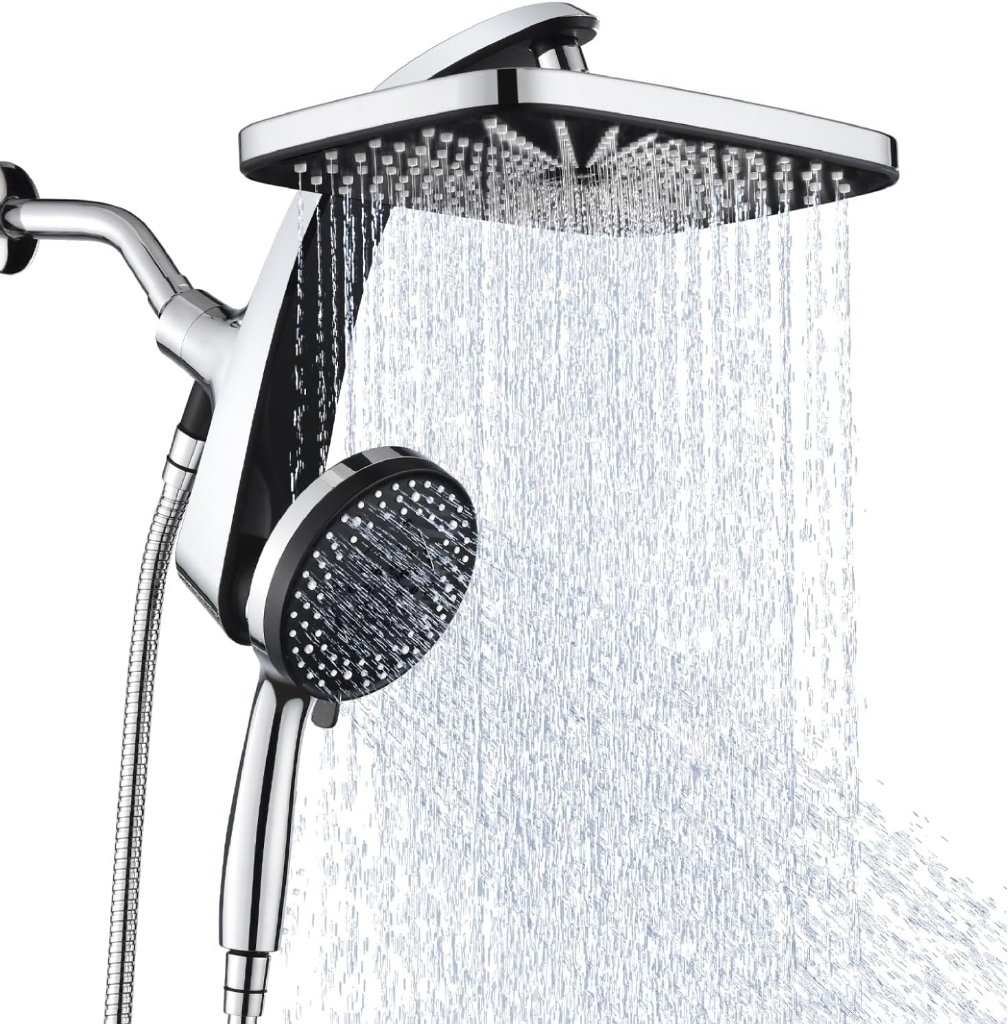 NearMoon chrome 8-inch square rainfall shower head and multi-mode handheld spray head with stainless steel hose