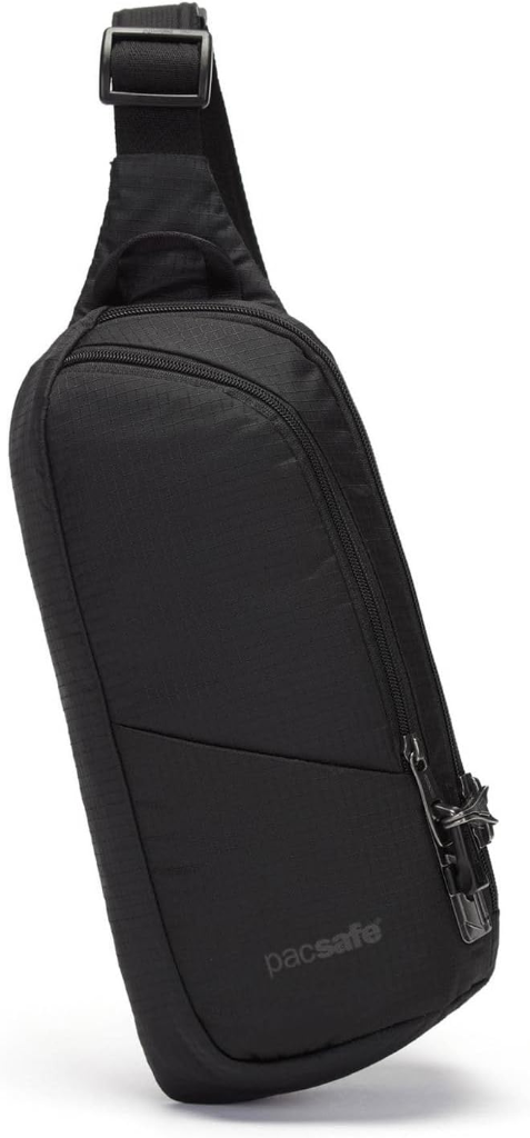 Black Pacsafe Vibe 150 2.5-liter anti-theft crossbody sling pack with slashguard mesh and locking zipper