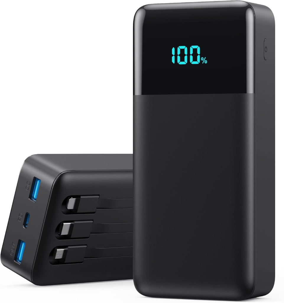 Pxwaxpy 50800mAh power bank with digital LED percentage display and 3 built-in charging cables