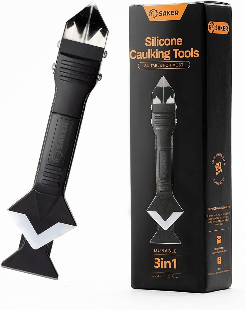 Saker black 3-in-1 silicone caulking tool with sharp stainless steel scraper head and replaceable silicone finishing pads