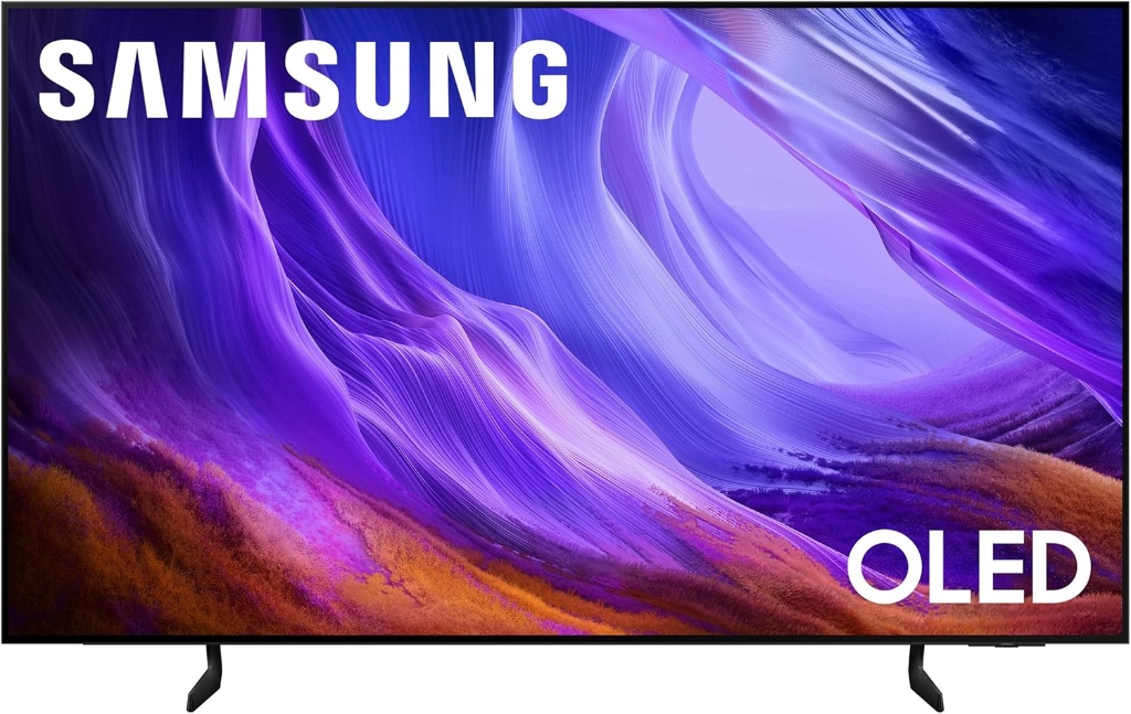 SAMSUNG 48-inch Class OLED S90D Series 4K Smart TV on dual legs displaying vibrant OLED visuals