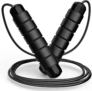 Black tangle-free speed jump rope with 360-degree ball bearings, braided steel wire cable, and memory foam handles