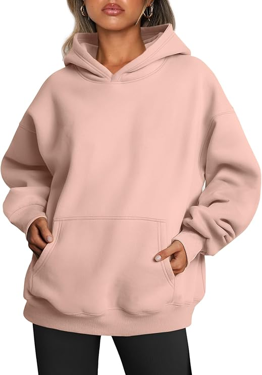 Trendy Queen Women's dusty pink oversized fleece pullover hoodie sweatshirt with kangaroo pocket