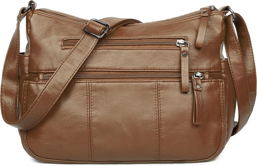 VOLGANIK ROCK brown soft waterproof PU leather multi-zipper pocketbook crossbody bag