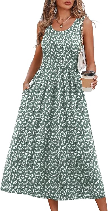 WIHOLL women's sleeveless sage green floral print maxi sundress with side pockets and scoop neck